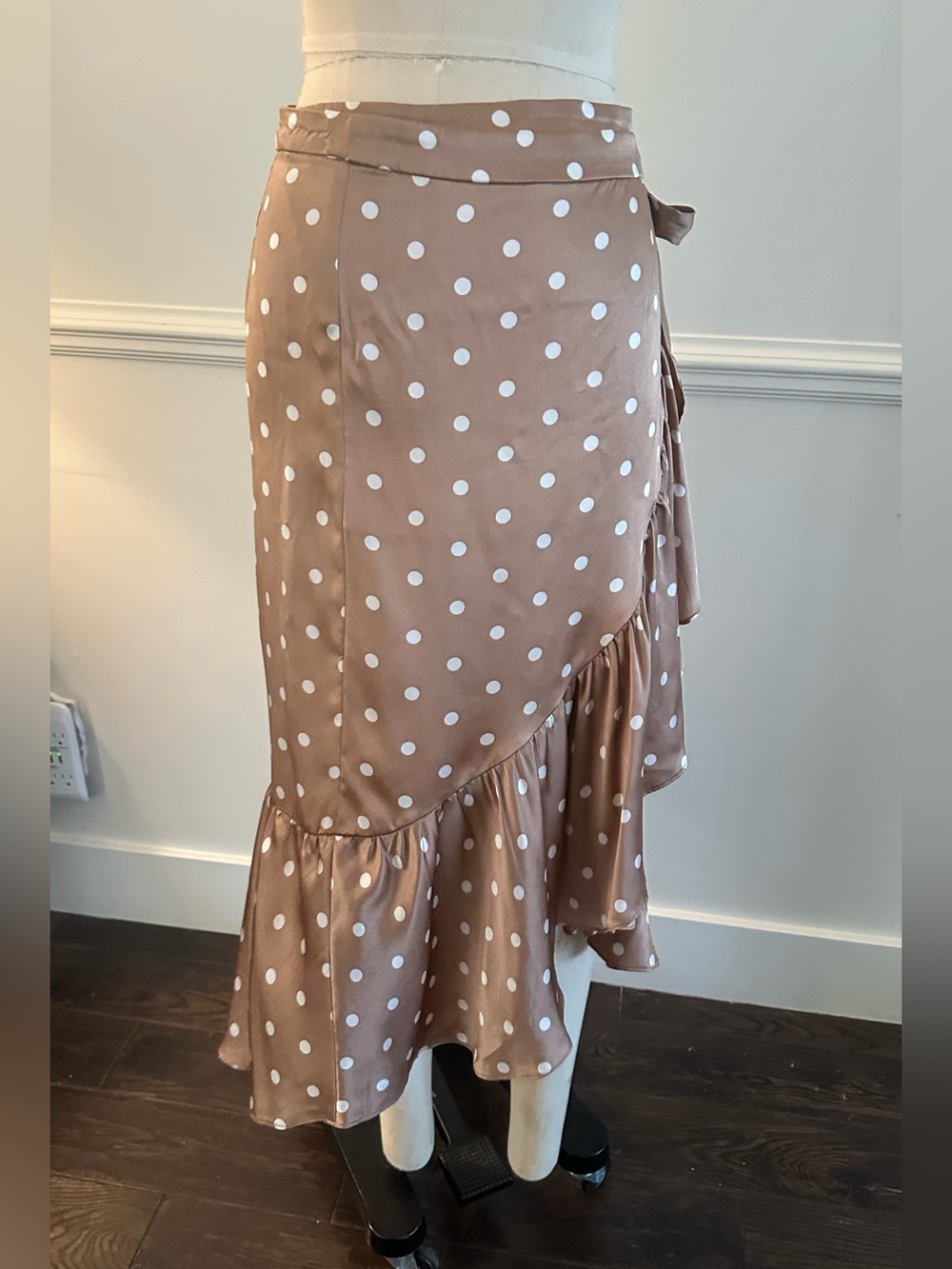 Cami NYC Taupe Polka Dot High-Low Wrap silk  Skirt with Ruffle Hem